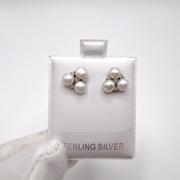 .925 Sterling Silver Simulated Pearl and Clear Cz Earrings - Picture 4 of 17